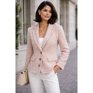 DKNY Pink Tweed Fringe Blazer Jacket Women Size 12 Button Front Workwear